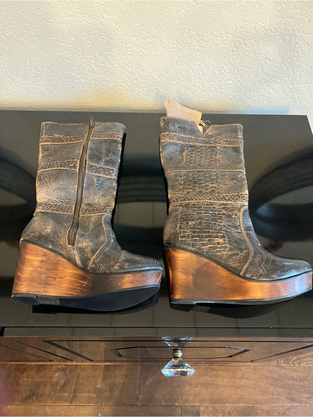 BED|STU Distressed Black with Brown Woven Leather Mid-Calf Wedge Boots - Picture 5 of 5